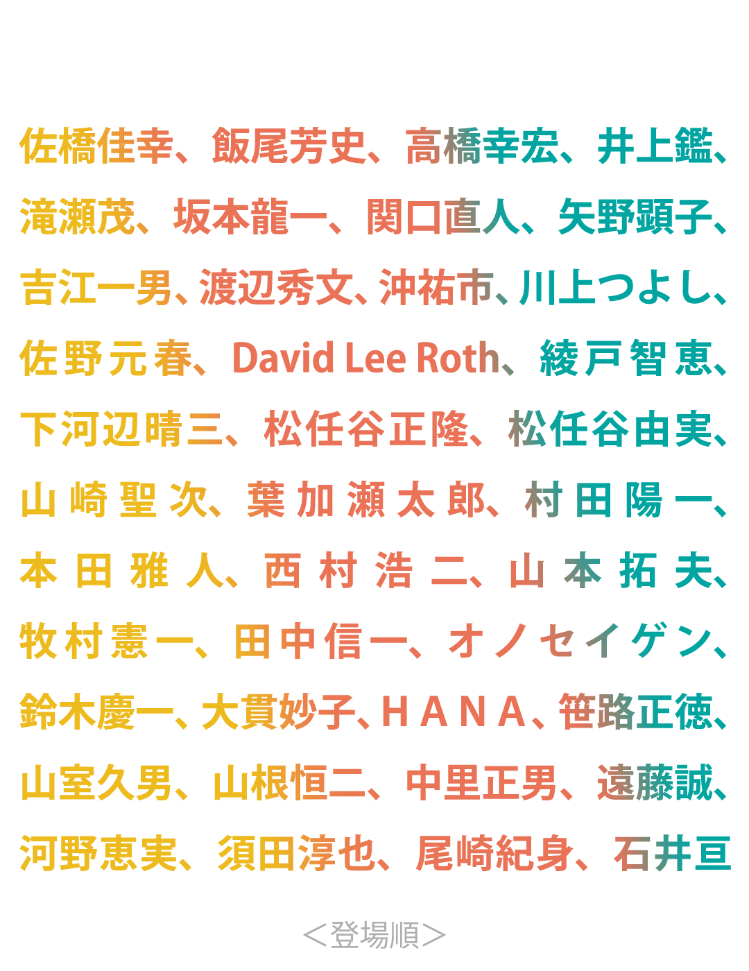 出演：佐橋佳幸、飯尾芳史、高橋幸宏、井上鑑、滝瀬茂、坂本龍一、関口直人、矢野顕子、吉江一男、渡辺秀文、沖祐市、川上つよし、佐野元春、David Lee Roth、綾戸智恵、下河辺晴三、松任谷正隆、松任谷由実、山崎聖次、葉加瀬太郎、村田陽一、本田雅人、西村浩二、山本拓夫、牧村憲一、田中信一、オノセイゲン、鈴木慶一、大貫妙子、ＨＡＮＡ、笹路正徳、山室久男、山根恒二、中里正男、遠藤誠、河野恵実、須田淳也、尾崎紀身、石井亘